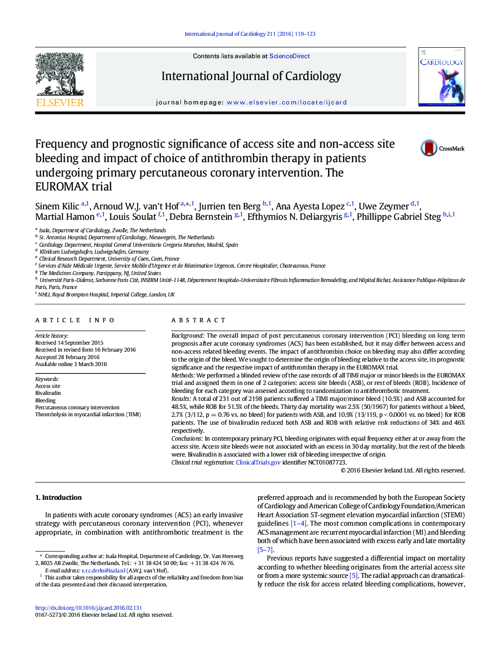 Frequency and prognostic significance of access site and non-access site bleeding and impact of choice of antithrombin therapy in patients undergoing primary percutaneous coronary intervention. The EUROMAX trial