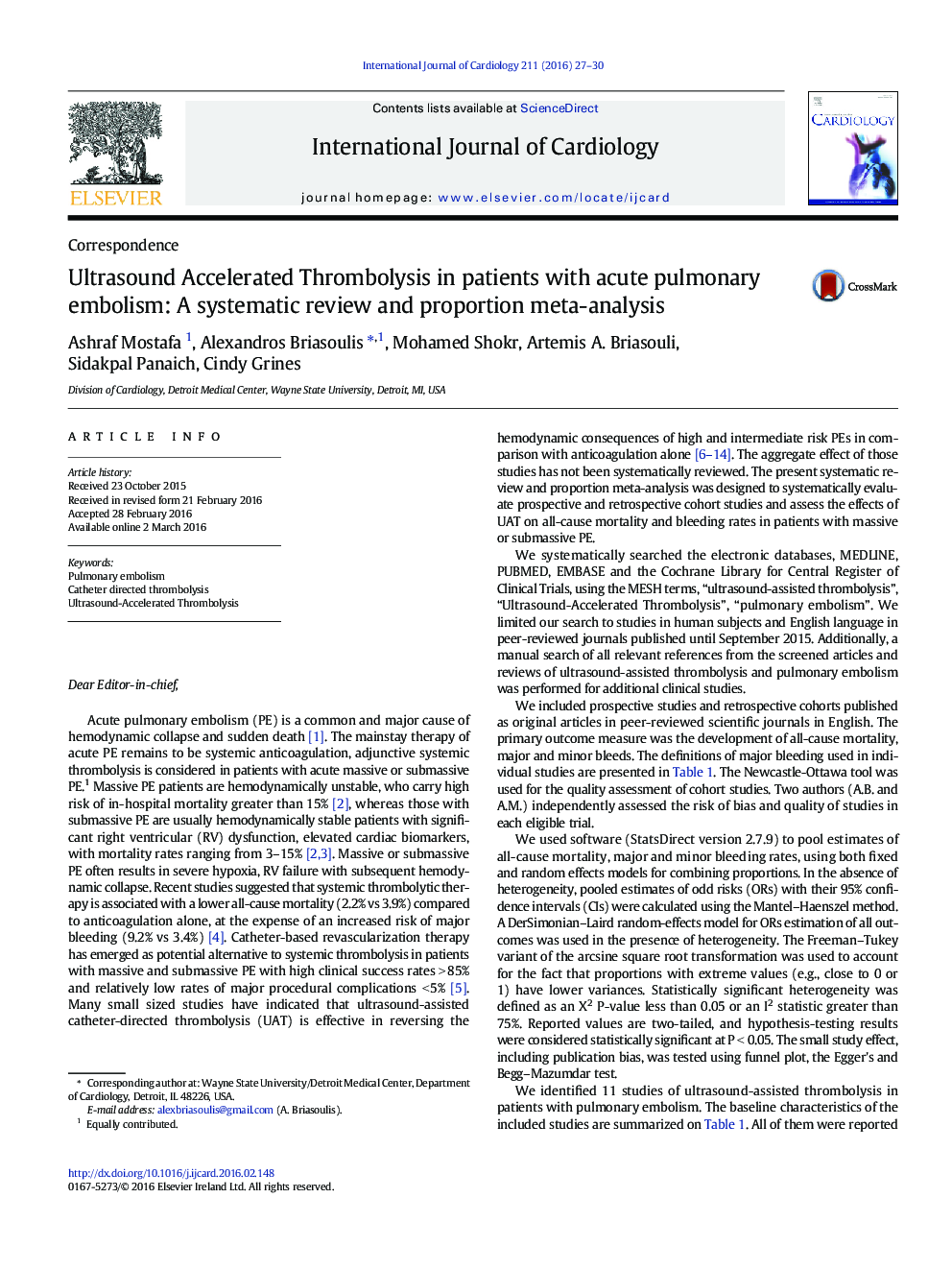 ترومبولیسیت تسریع شده با سونوگرافی در بیماران مبتلا به آمبولی حاد ریوی: یک بررسی متداول و متا آنالیز 