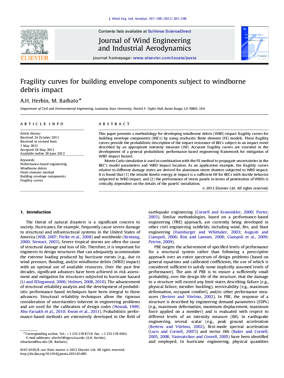 Fragility curves for building envelope components subject to windborne debris impact