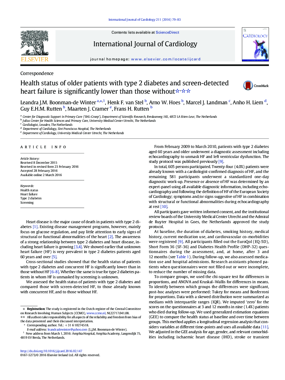 Health status of older patients with type 2 diabetes and screen-detected heart failure is significantly lower than those without