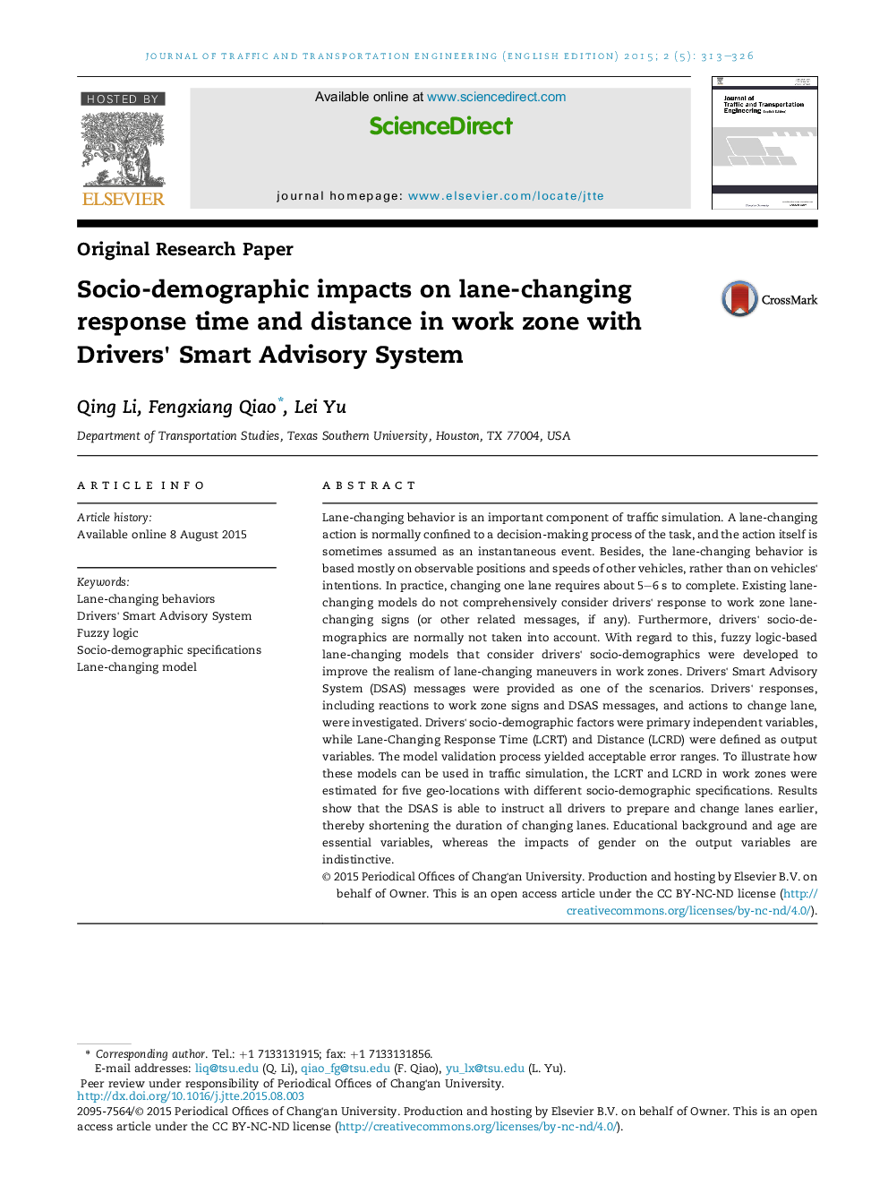 Socio-demographic impacts on lane-changing response time and distance in work zone with Drivers' Smart Advisory System 