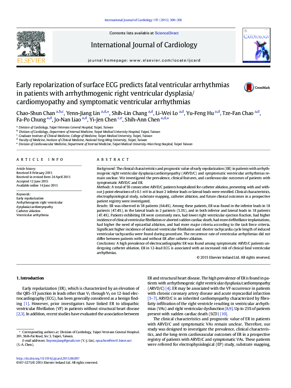 Early repolarization of surface ECG predicts fatal ventricular arrhythmias in patients with arrhythmogenic right ventricular dysplasia/cardiomyopathy and symptomatic ventricular arrhythmias