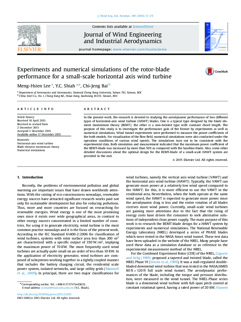 Experiments and numerical simulations of the rotor-blade performance for a small-scale horizontal axis wind turbine