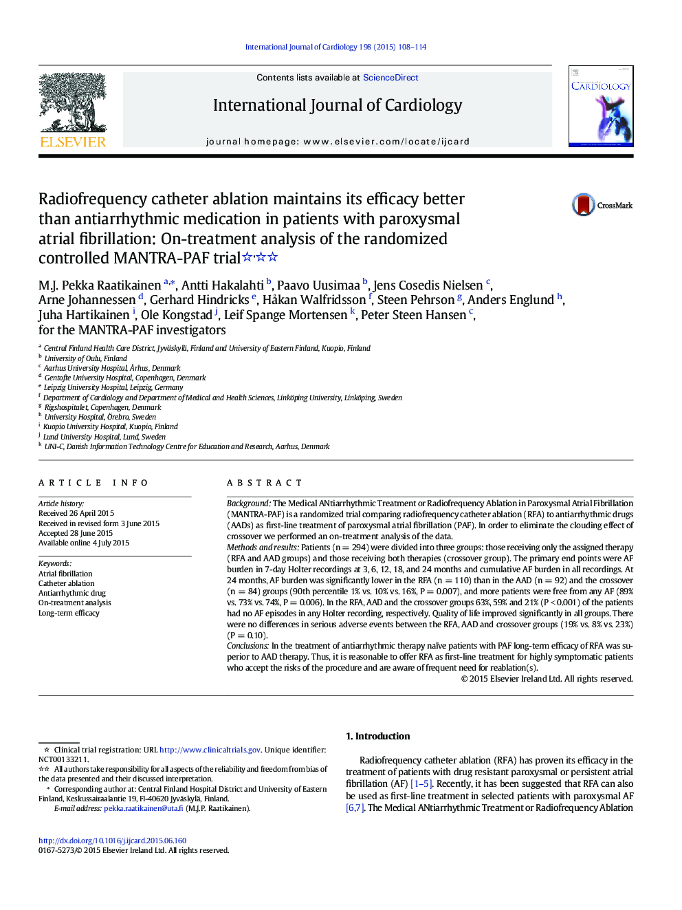 Radiofrequency catheter ablation maintains its efficacy better than antiarrhythmic medication in patients with paroxysmal atrial fibrillation: On-treatment analysis of the randomized controlled MANTRA-PAF trial 