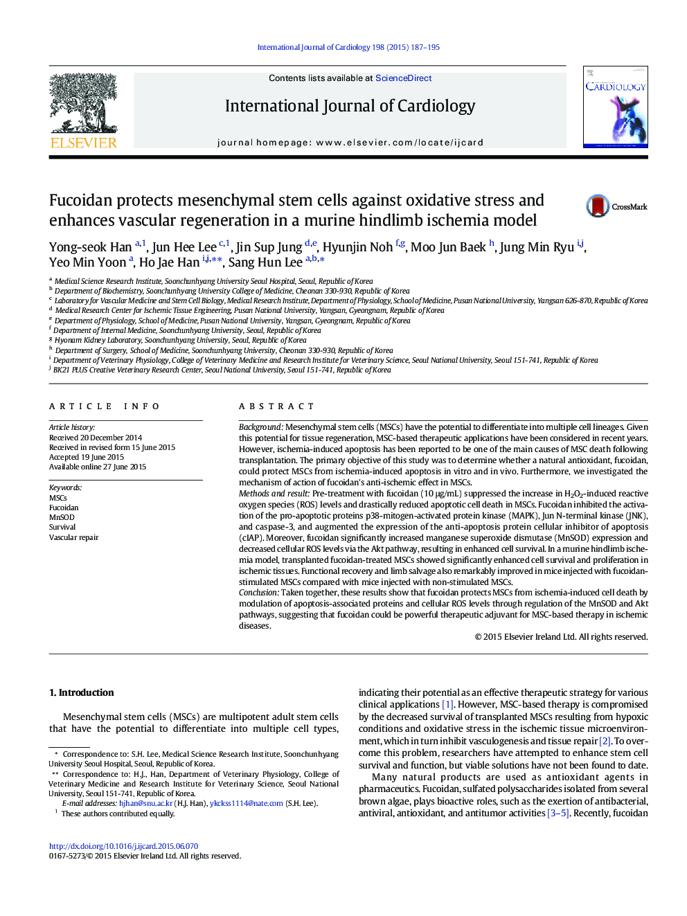 Fucoidan protects mesenchymal stem cells against oxidative stress and enhances vascular regeneration in a murine hindlimb ischemia model