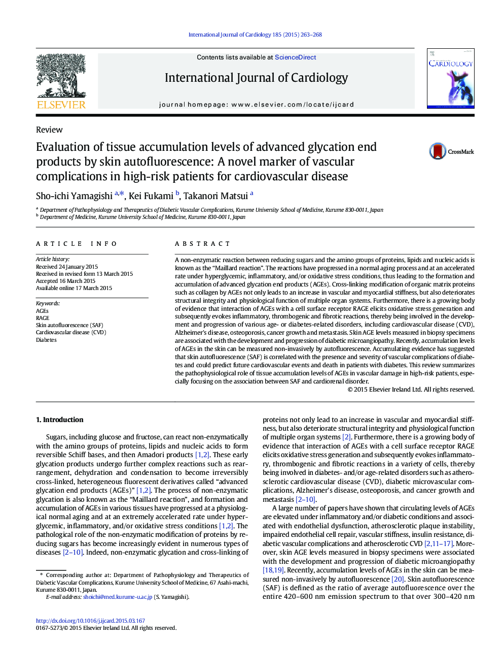 Evaluation of tissue accumulation levels of advanced glycation end products by skin autofluorescence: A novel marker of vascular complications in high-risk patients for cardiovascular disease