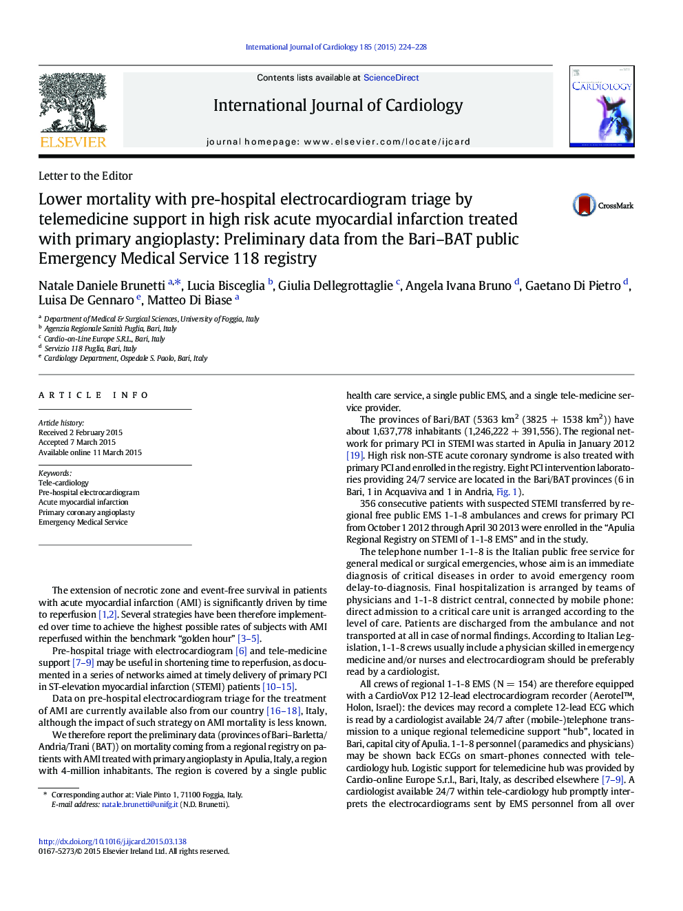 Lower mortality with pre-hospital electrocardiogram triage by telemedicine support in high risk acute myocardial infarction treated with primary angioplasty: Preliminary data from the Bari-BAT public Emergency Medical Service 118 registry