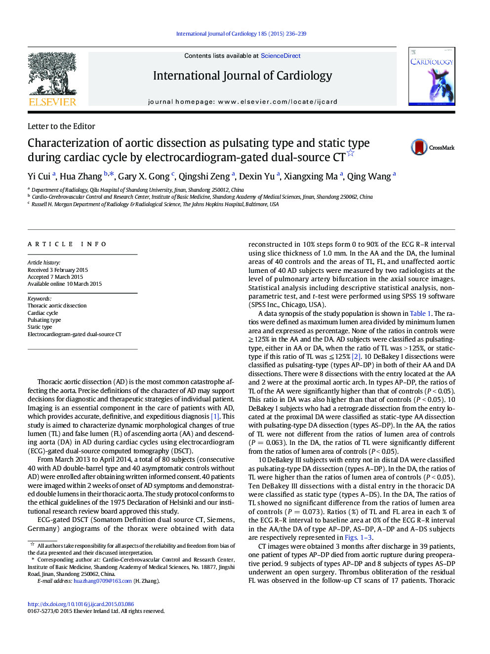 Characterization of aortic dissection as pulsating type and static type during cardiac cycle by electrocardiogram-gated dual-source CT