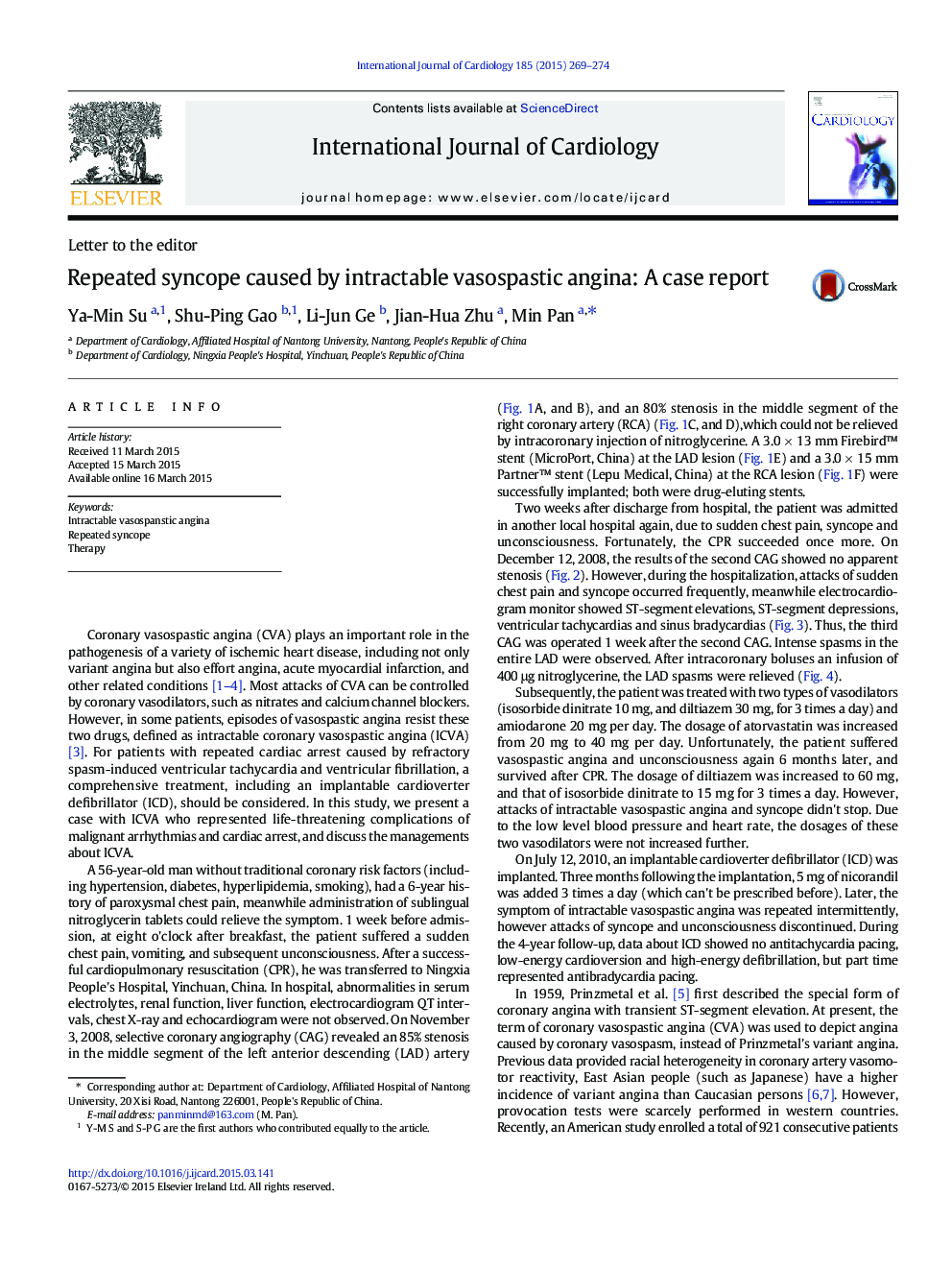 Repeated syncope caused by intractable vasospastic angina: A case report