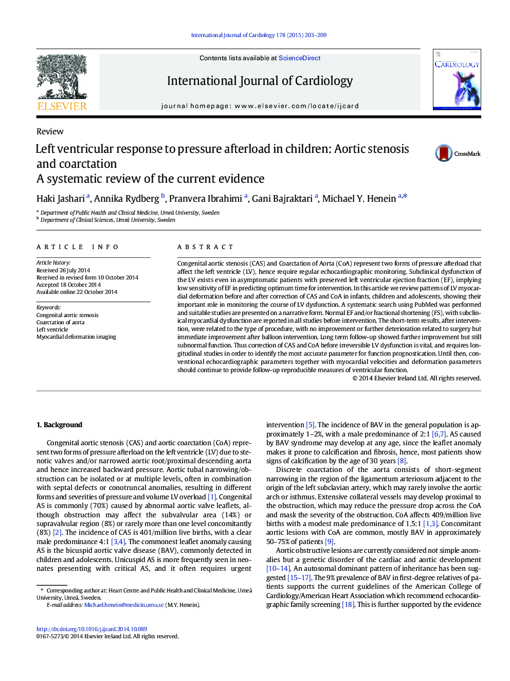 Left ventricular response to pressure afterload in children: Aortic stenosis and coarctation: A systematic review of the current evidence