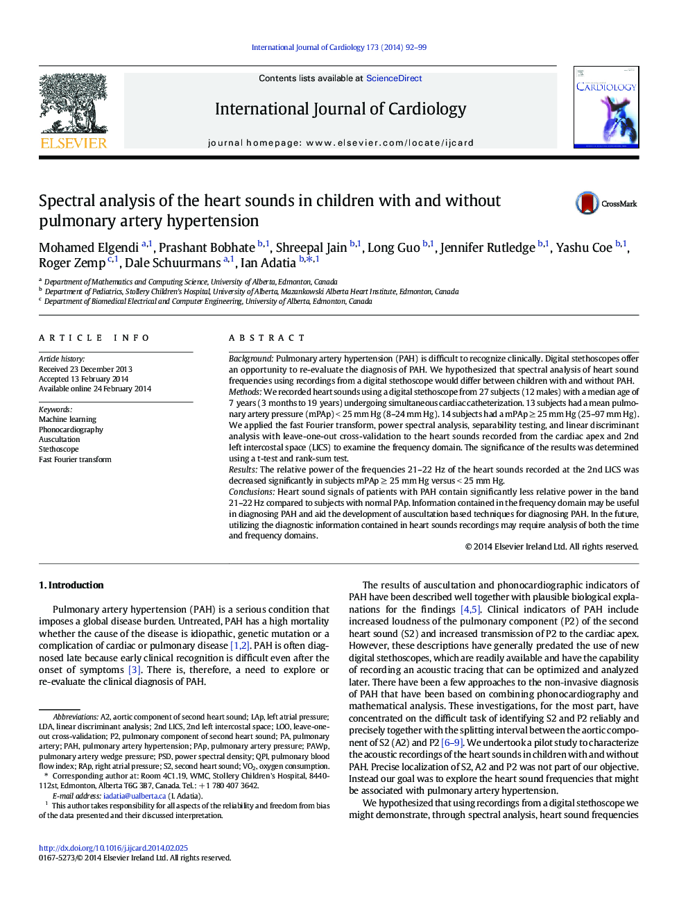 Spectral analysis of the heart sounds in children with and without pulmonary artery hypertension