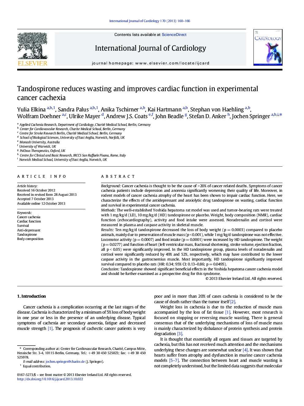 Tandospirone reduces wasting and improves cardiac function in experimental cancer cachexia