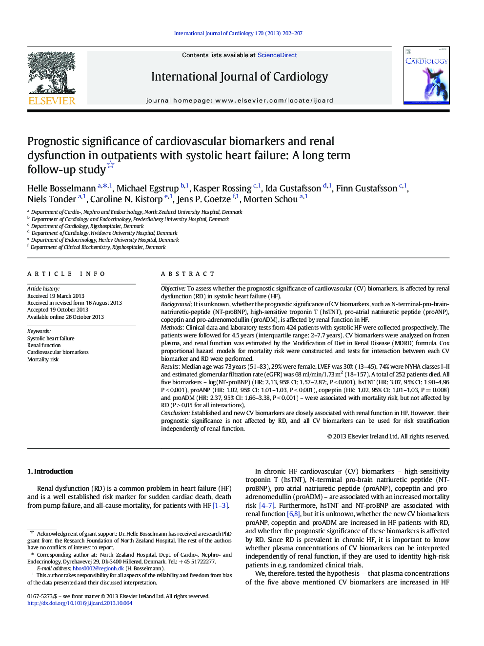 Prognostic significance of cardiovascular biomarkers and renal dysfunction in outpatients with systolic heart failure: A long term follow-up study 