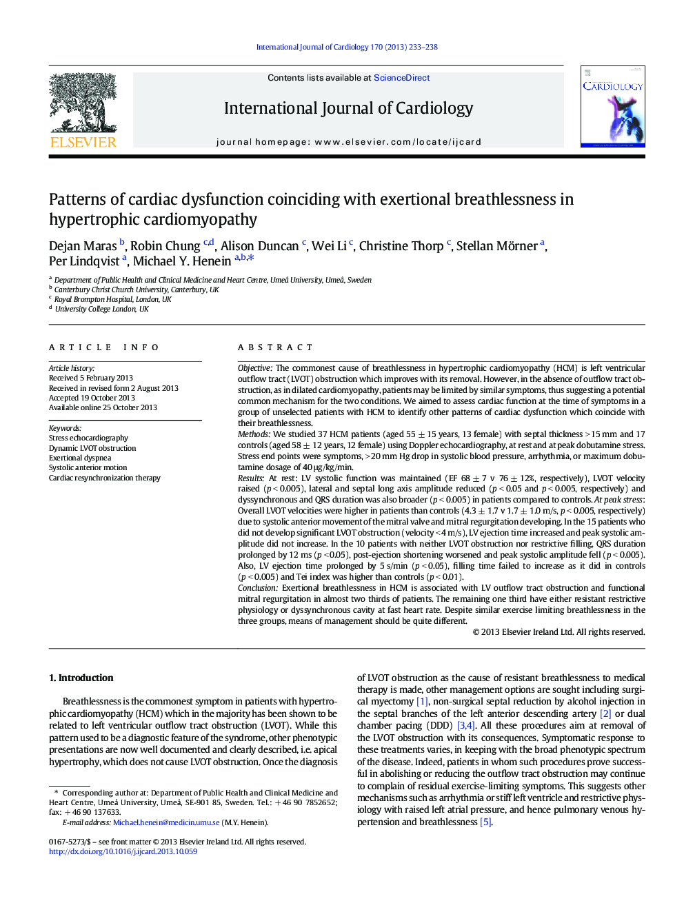 Patterns of cardiac dysfunction coinciding with exertional breathlessness in hypertrophic cardiomyopathy