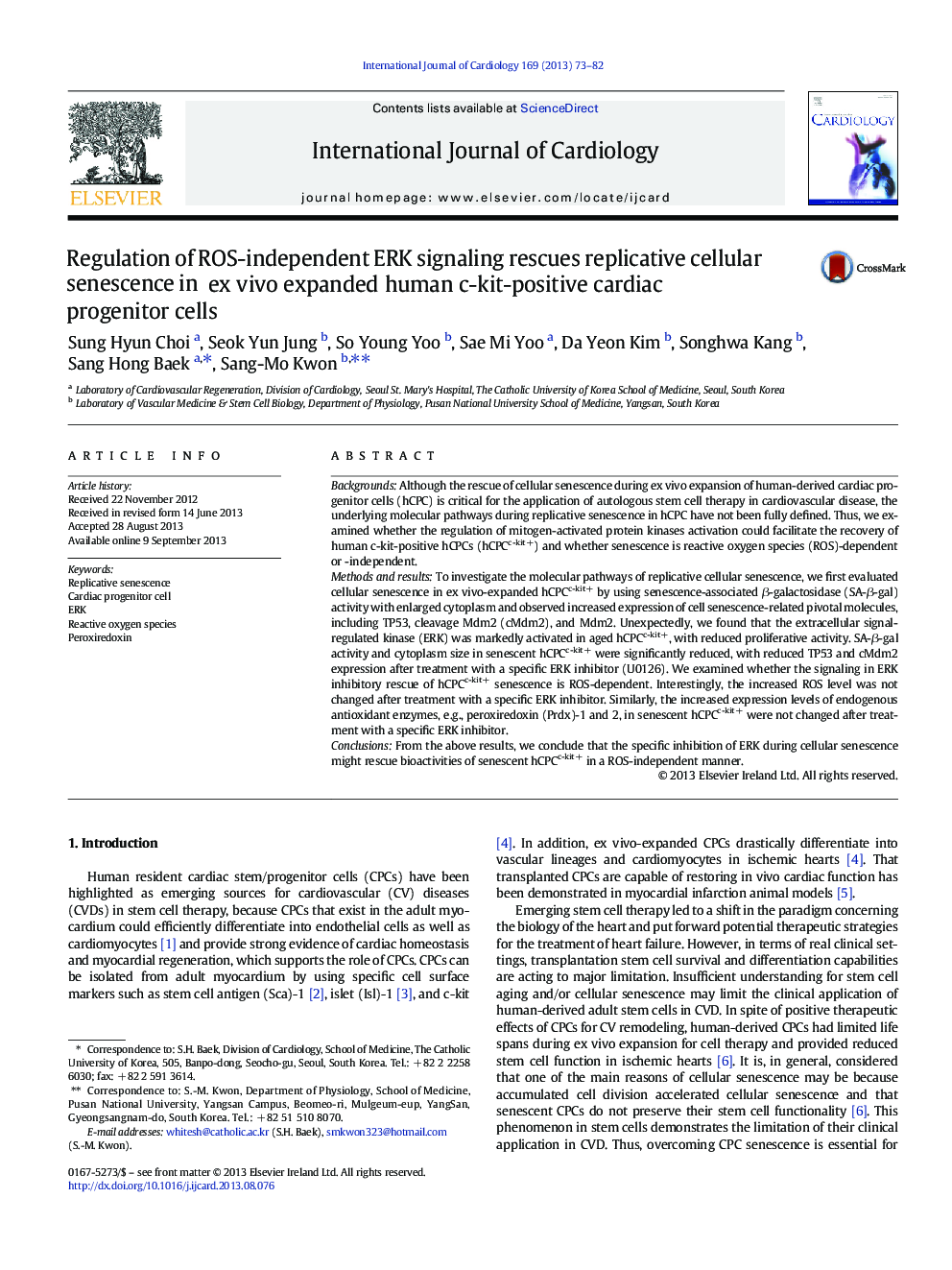 Regulation of ROS-independent ERK signaling rescues replicative cellular senescence in ex vivo expanded human c-kit-positive cardiac progenitor cells