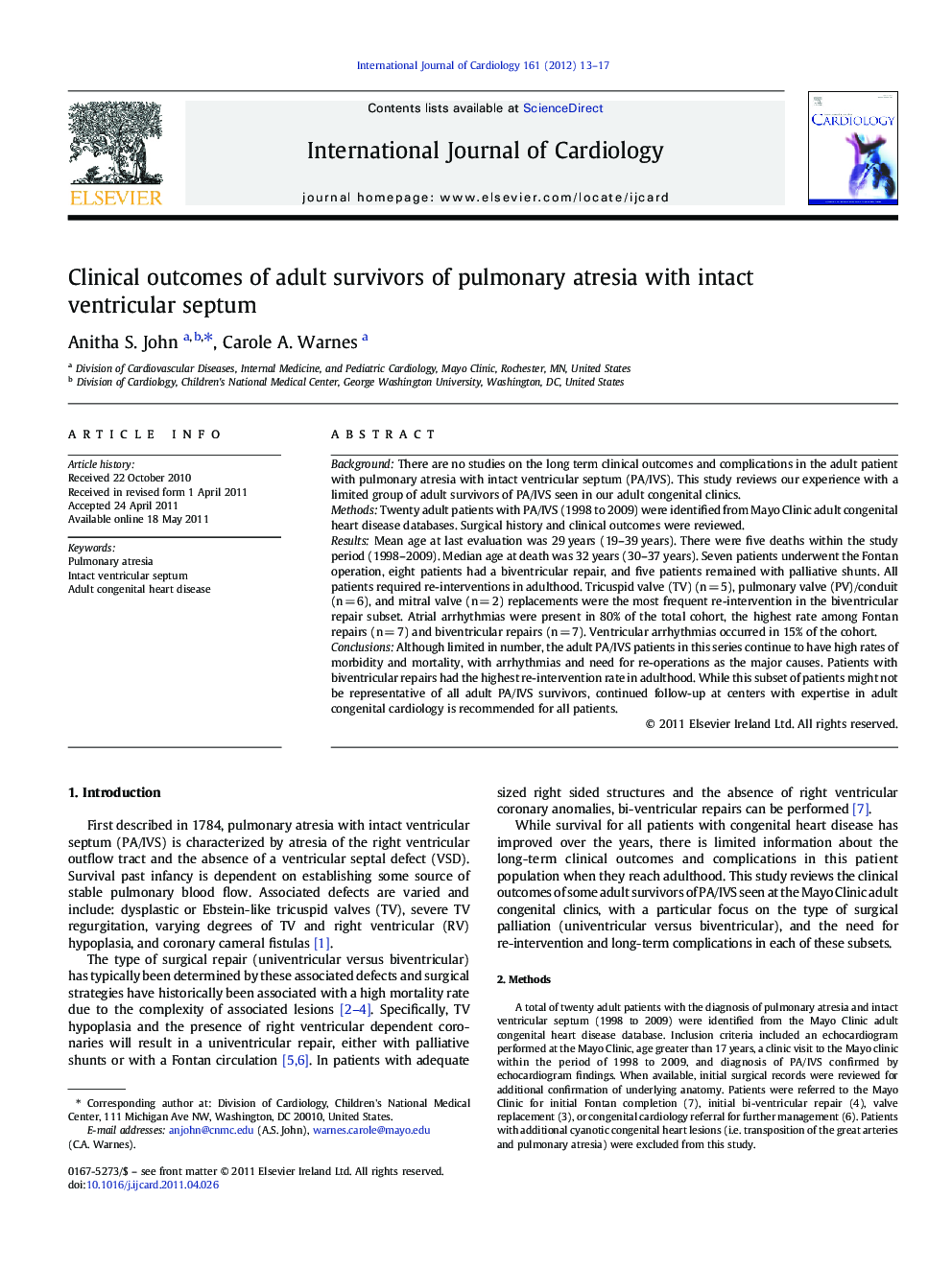 Clinical outcomes of adult survivors of pulmonary atresia with intact ventricular septum