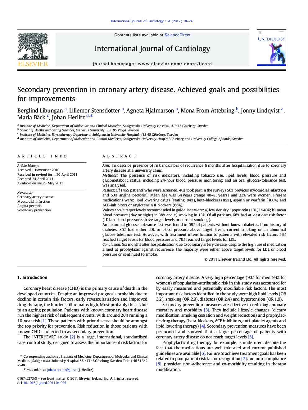 Secondary prevention in coronary artery disease. Achieved goals and possibilities for improvements