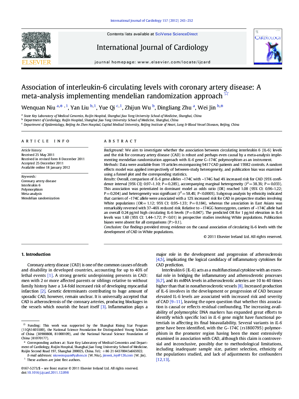 Association of interleukin-6 circulating levels with coronary artery disease: A meta-analysis implementing mendelian randomization approach 