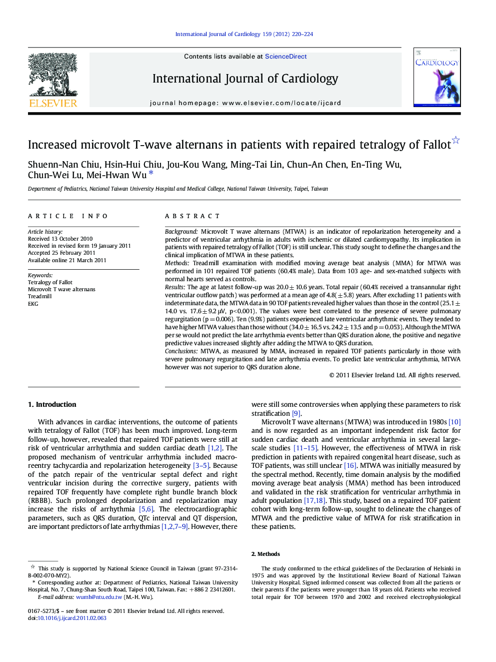 Increased microvolt T-wave alternans in patients with repaired tetralogy of Fallot 