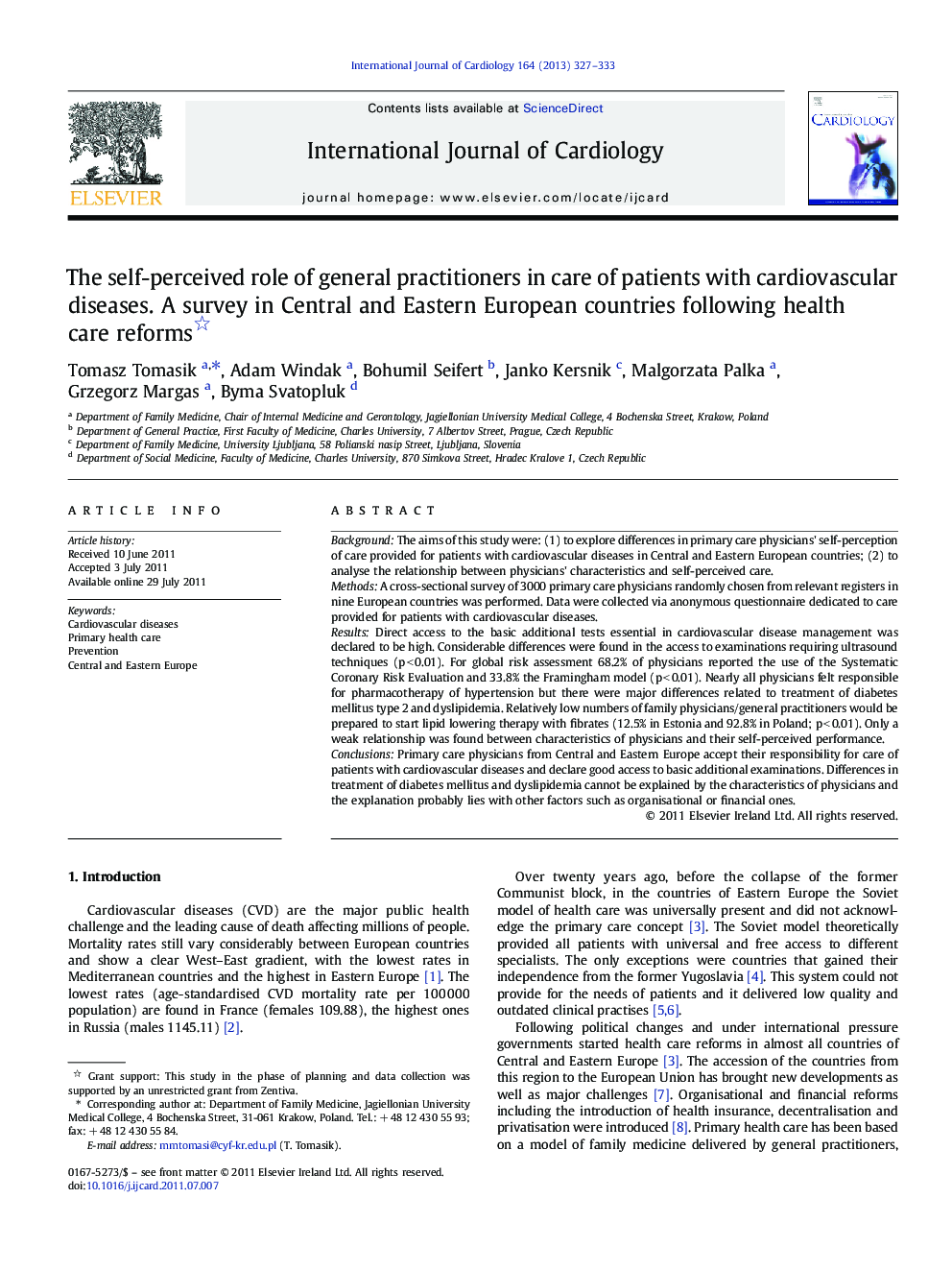 The self-perceived role of general practitioners in care of patients with cardiovascular diseases. A survey in Central and Eastern European countries following health care reforms 