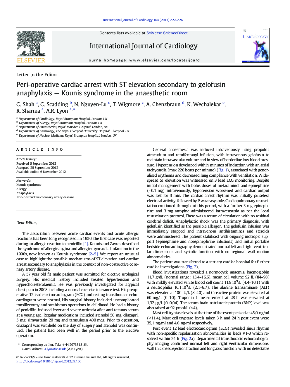 Peri-operative cardiac arrest with ST elevation secondary to gelofusin anaphylaxis - Kounis syndrome in the anaesthetic room