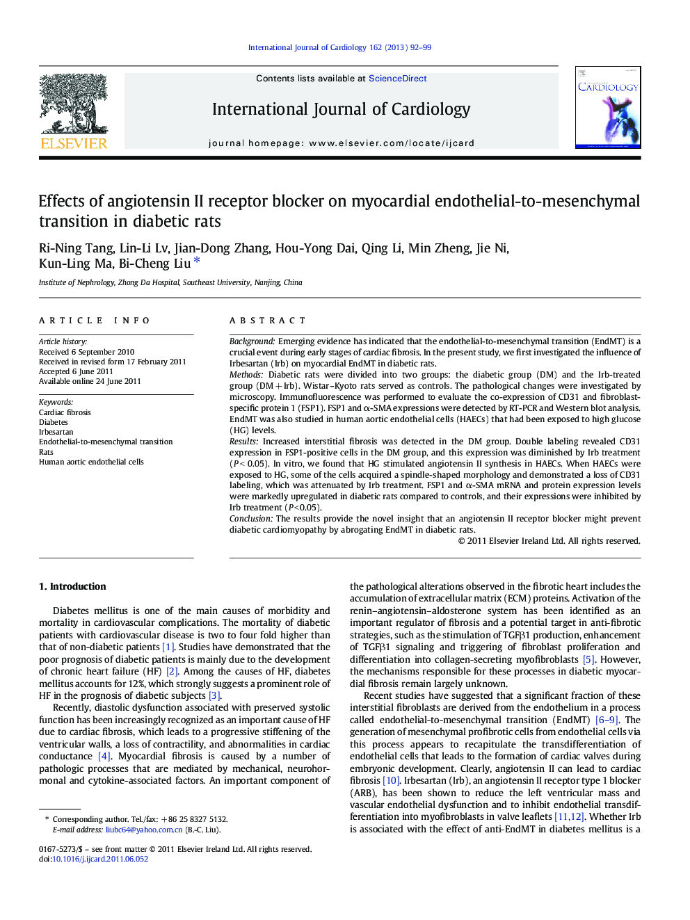 Effects of angiotensin II receptor blocker on myocardial endothelial-to-mesenchymal transition in diabetic rats