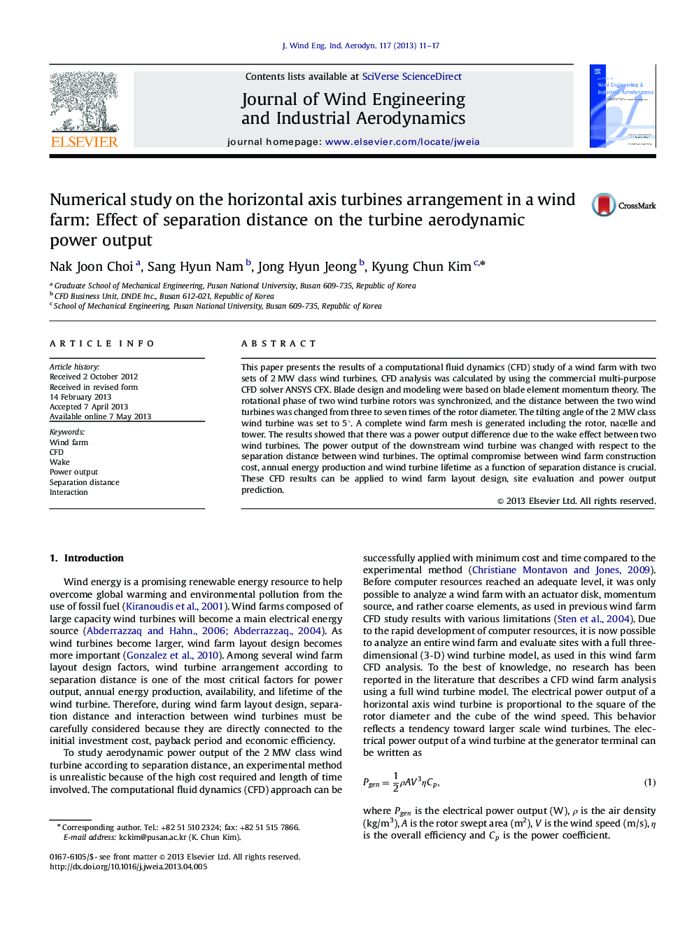 Numerical study on the horizontal axis turbines arrangement in a wind farm: Effect of separation distance on the turbine aerodynamic power output