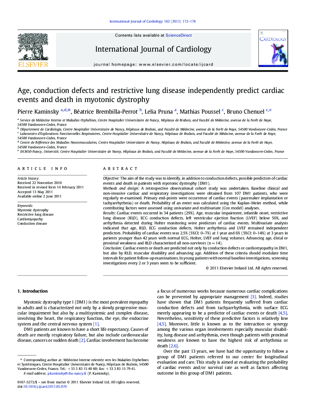 Age, conduction defects and restrictive lung disease independently predict cardiac events and death in myotonic dystrophy