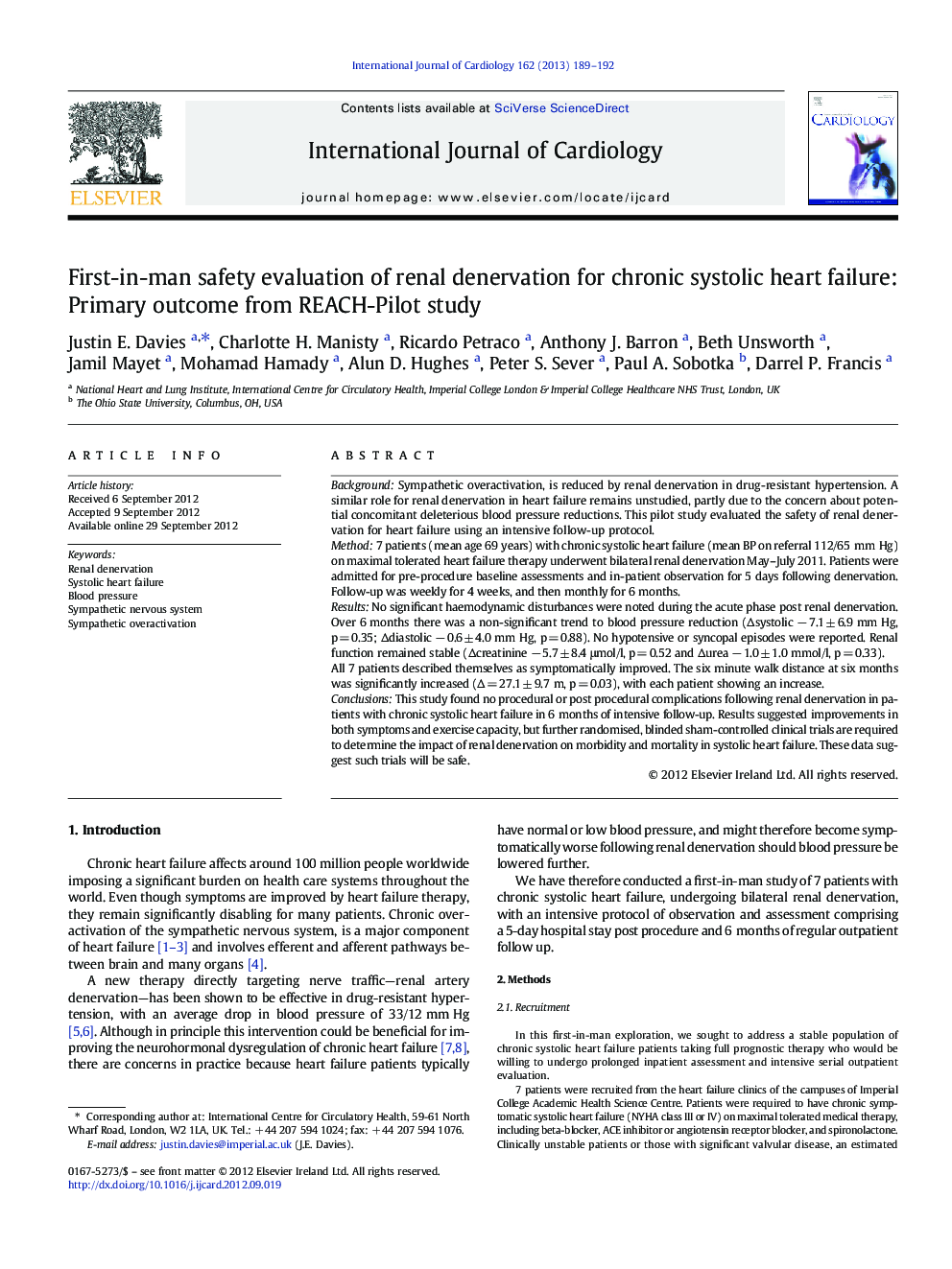 First-in-man safety evaluation of renal denervation for chronic systolic heart failure: Primary outcome from REACH-Pilot study