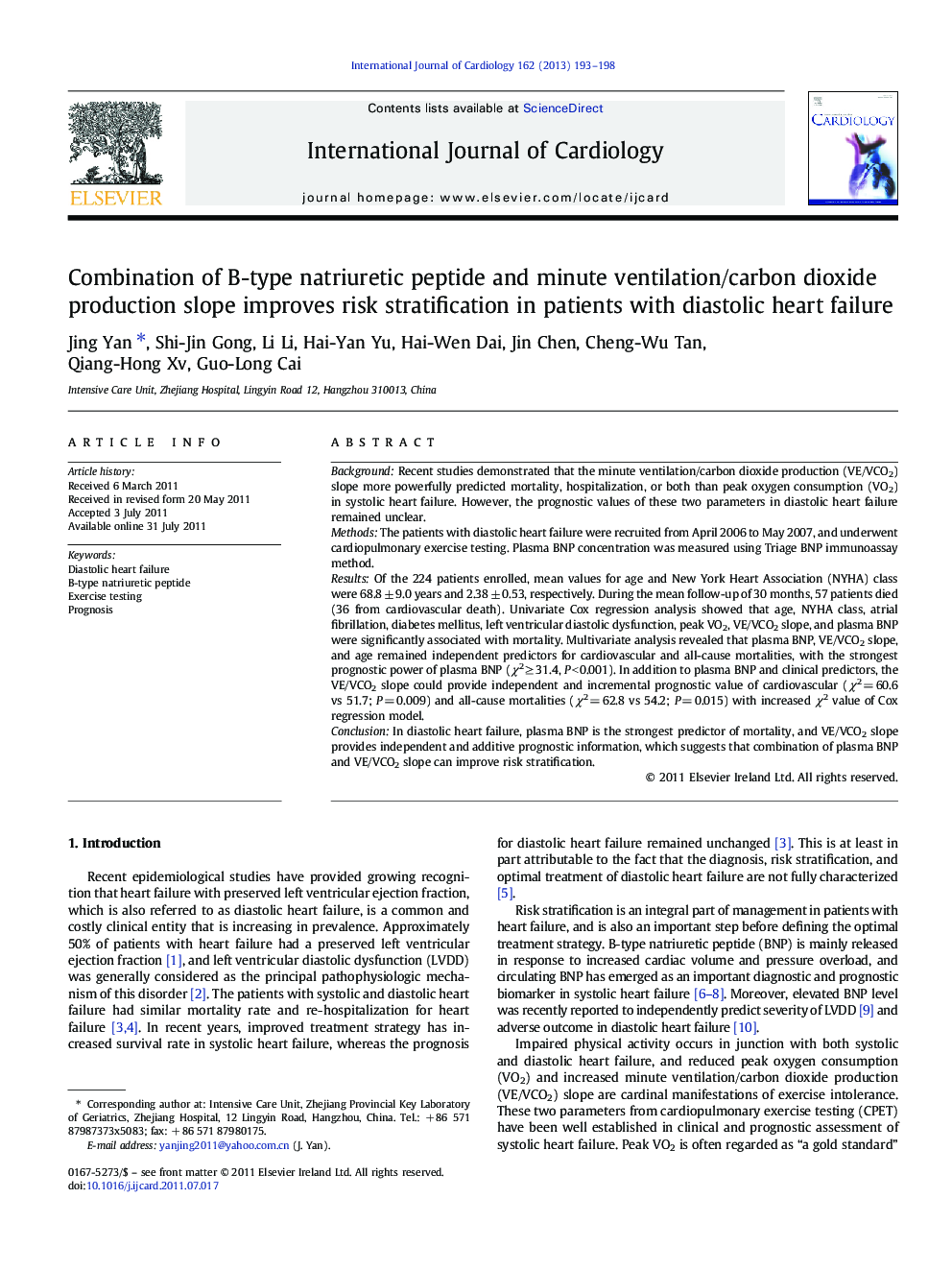 Combination of B-type natriuretic peptide and minute ventilation/carbon dioxide production slope improves risk stratification in patients with diastolic heart failure