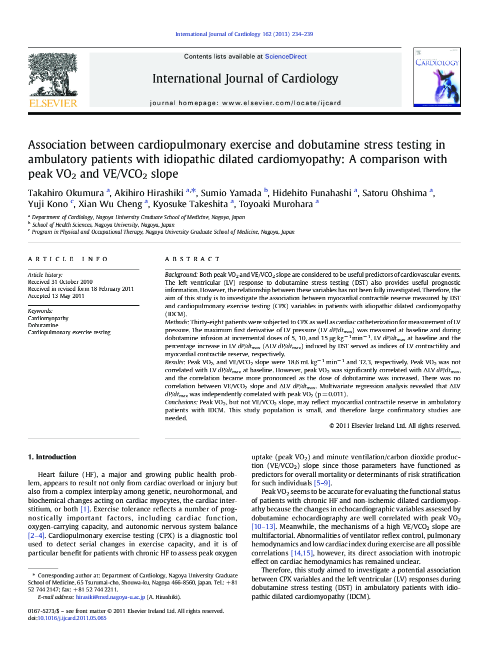 Association between cardiopulmonary exercise and dobutamine stress testing in ambulatory patients with idiopathic dilated cardiomyopathy: A comparison with peak VO2 and VE/VCO2 slope