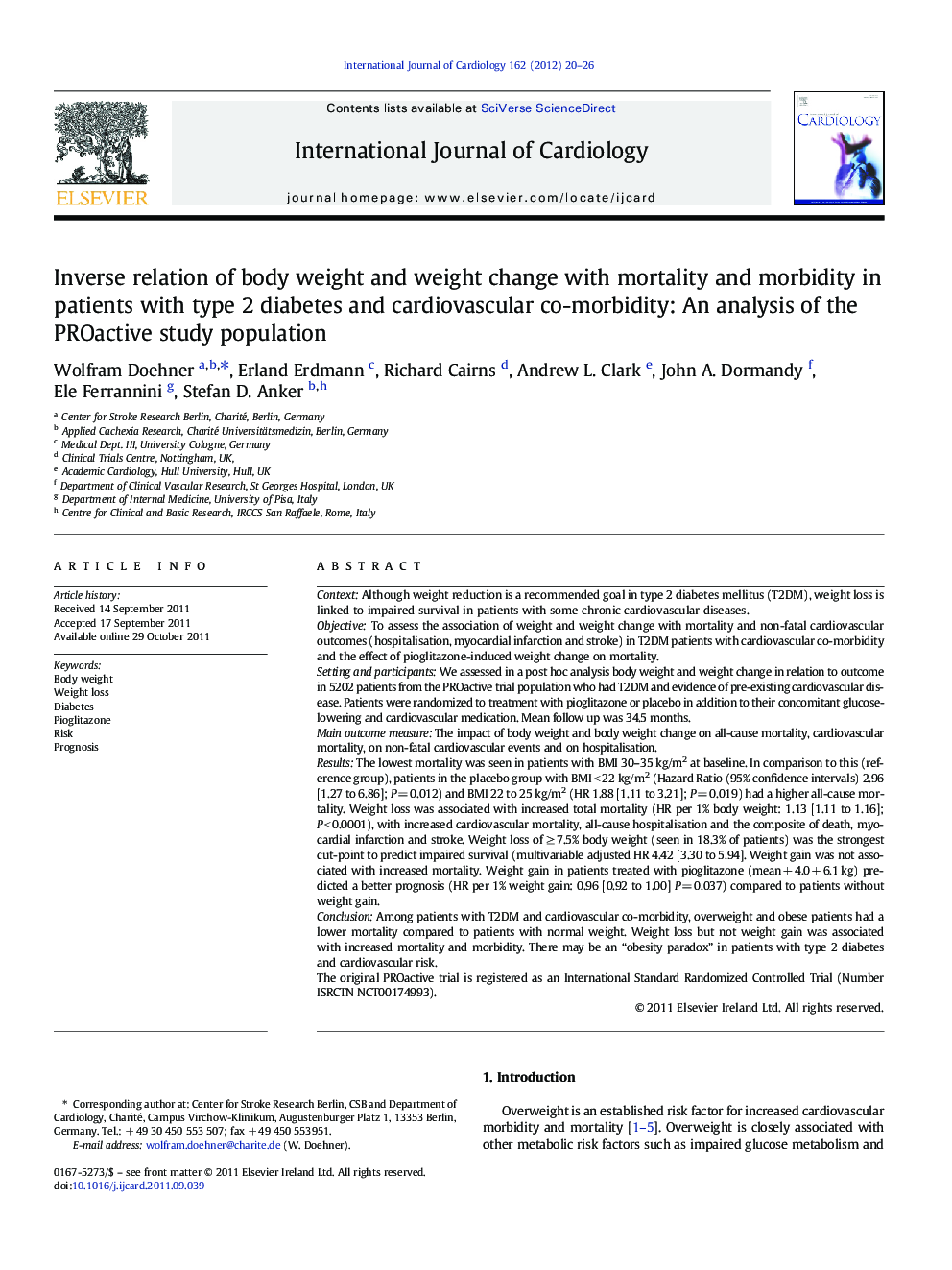 عکس صفحه اول مقاله: Inverse relation of body weight and weight change with mortality and morbidity in patients with type 2 diabetes and cardiovascular co-morbidity: An analysis of the PROactive study population Inverse relation of body weight and weight change with mortality and morbidity in patients with type 2 diabetes and cardiovascular co-morbidity: An analysis of the PROactive study population