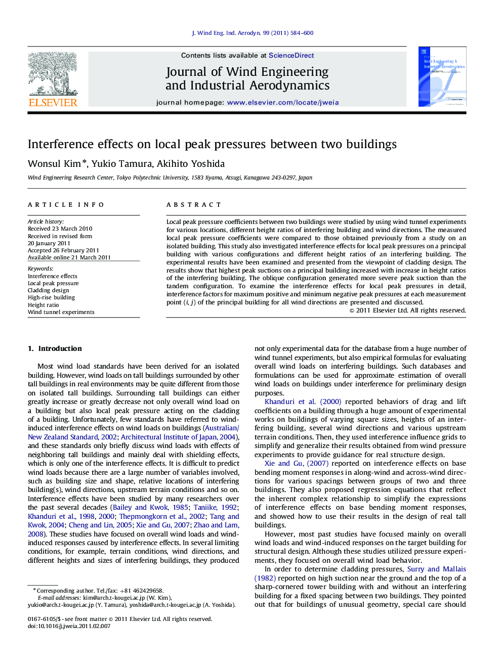 Interference effects on local peak pressures between two buildings