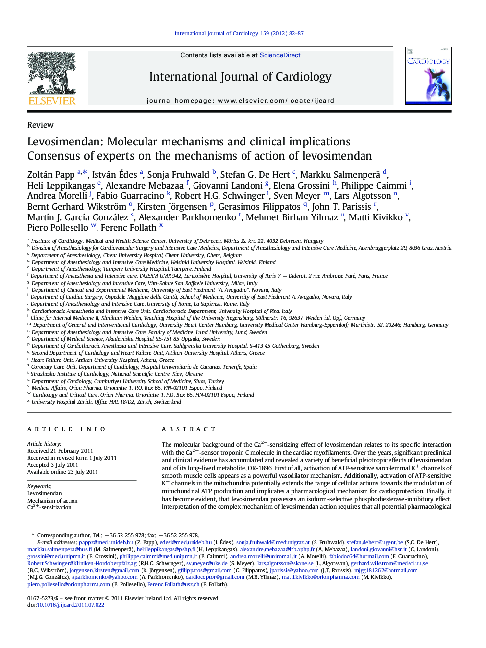 Levosimendan: Molecular mechanisms and clinical implications: Consensus of experts on the mechanisms of action of levosimendan
