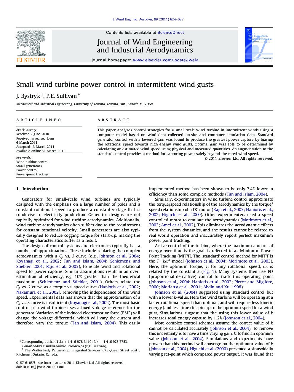 Small wind turbine power control in intermittent wind gusts