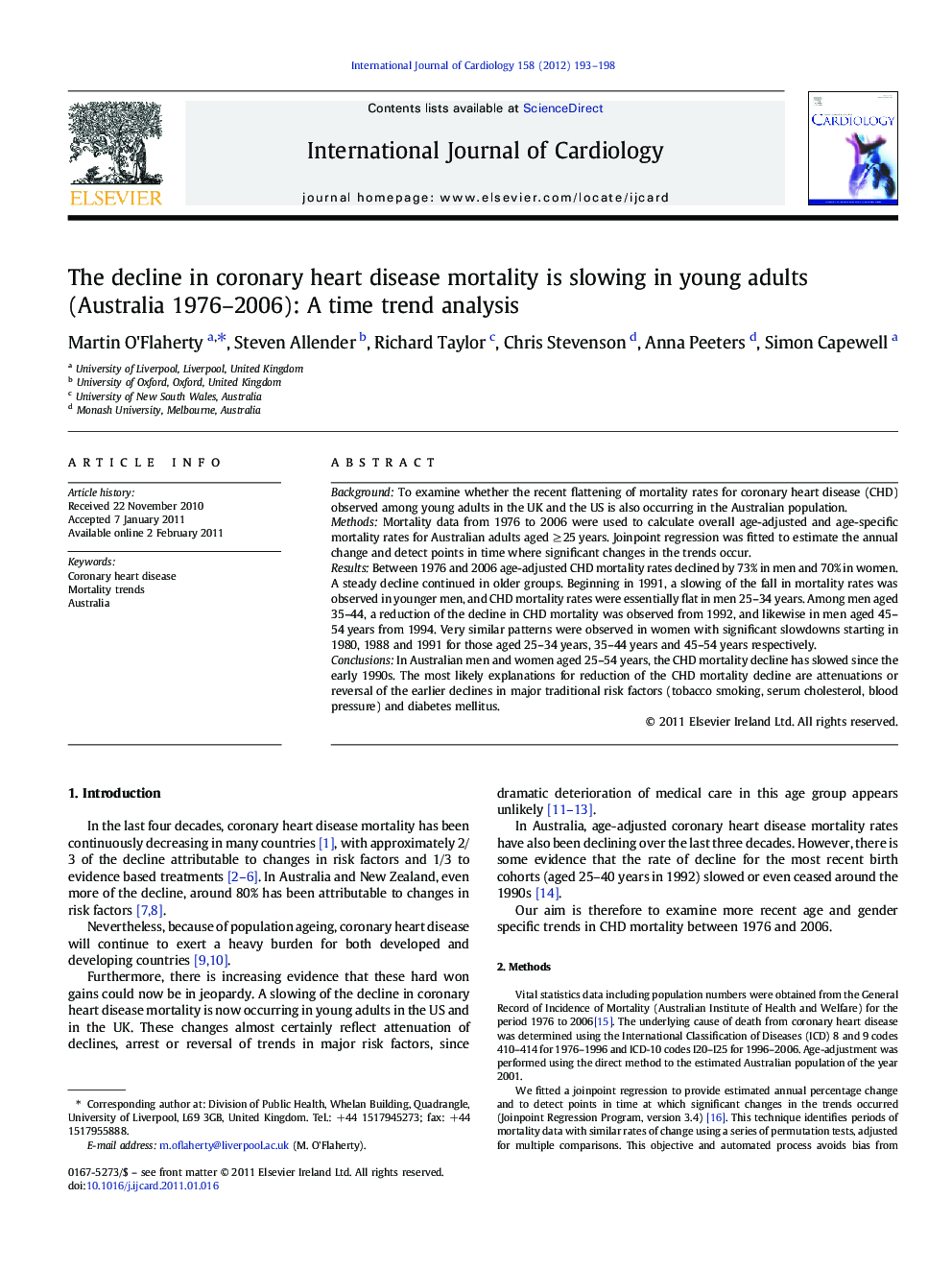 The decline in coronary heart disease mortality is slowing in young adults (Australia 1976–2006): A time trend analysis