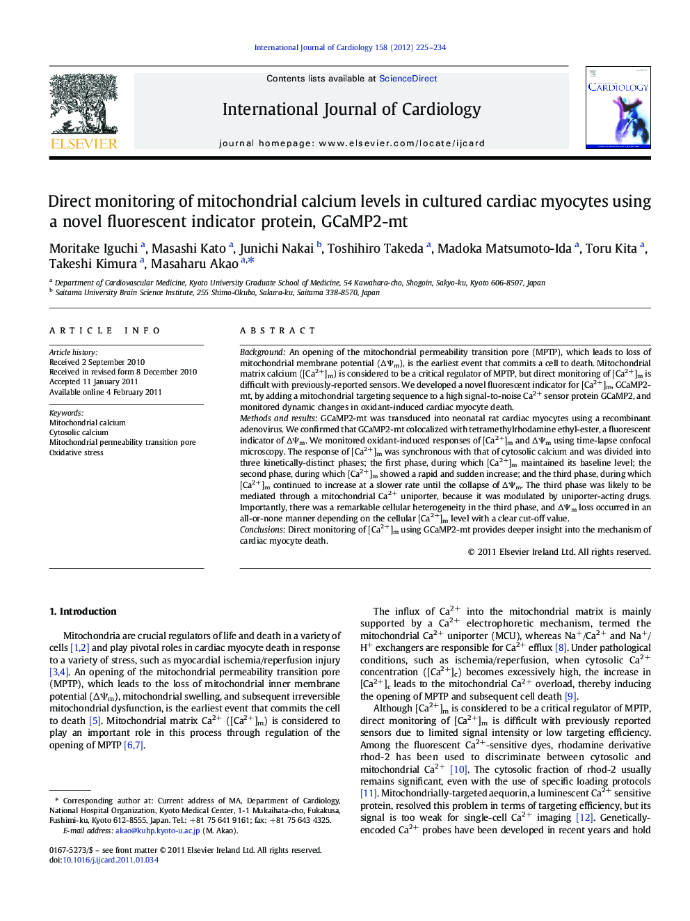 Direct monitoring of mitochondrial calcium levels in cultured cardiac myocytes using a novel fluorescent indicator protein, GCaMP2-mt