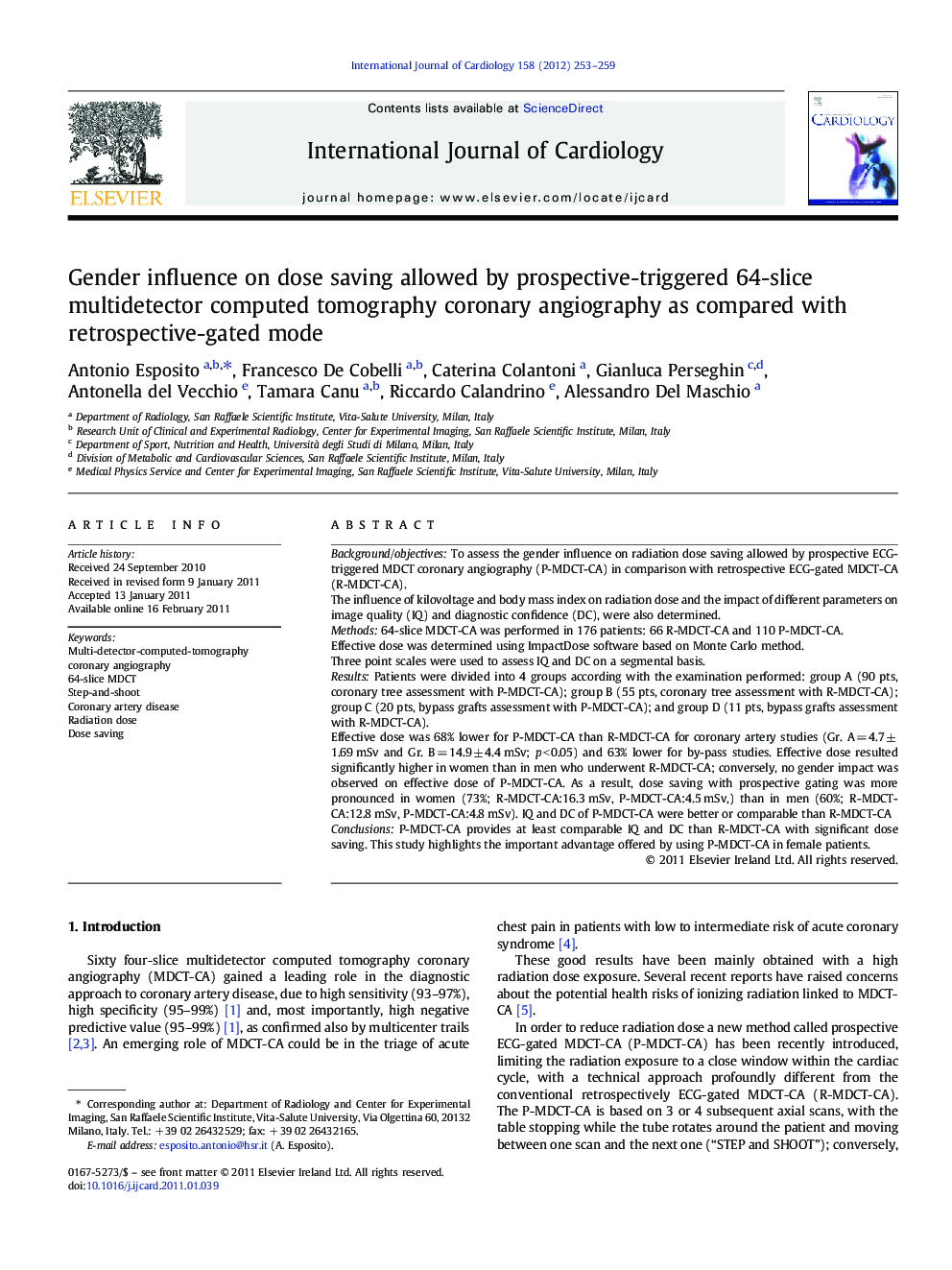 Gender influence on dose saving allowed by prospective-triggered 64-slice multidetector computed tomography coronary angiography as compared with retrospective-gated mode