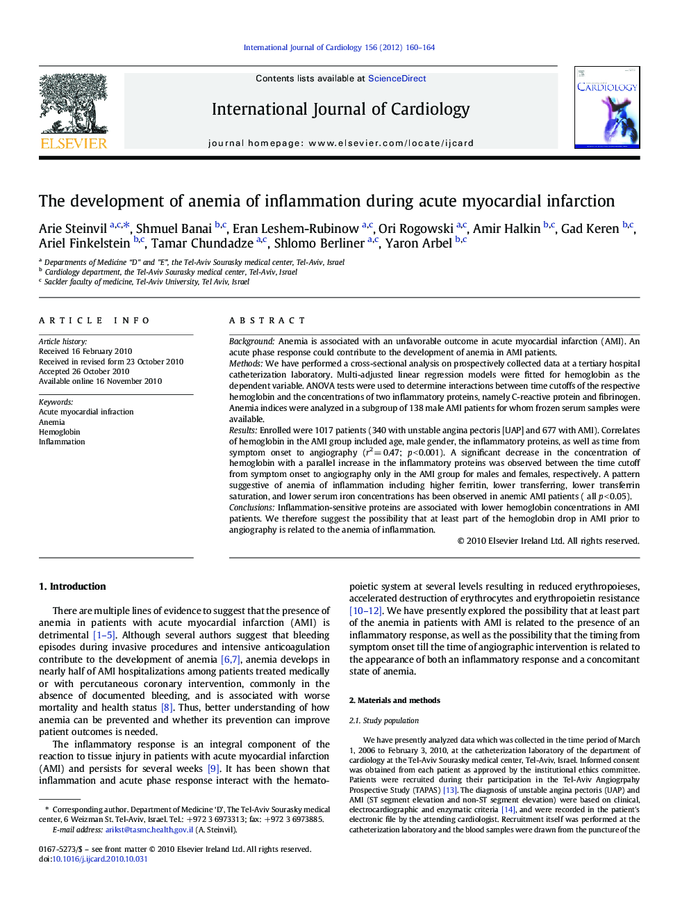 The development of anemia of inflammation during acute myocardial infarction