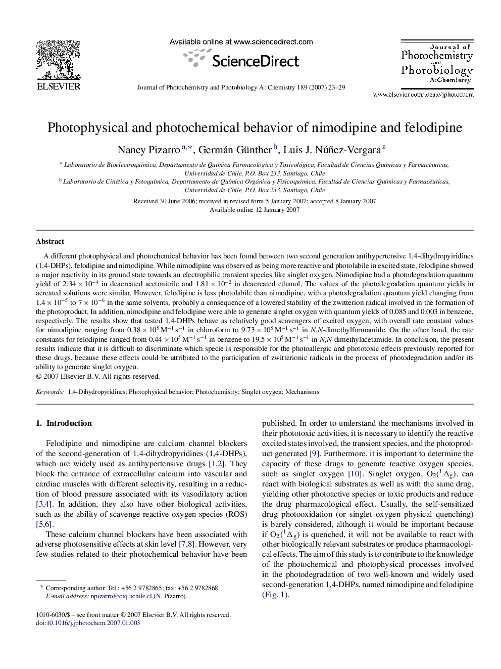 Photophysical and photochemical behavior of nimodipine and felodipine