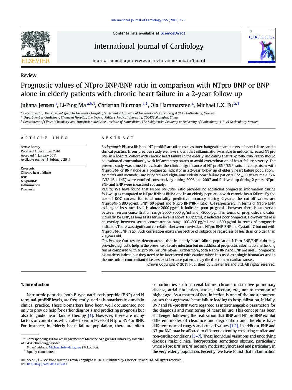 Prognostic values of NTpro BNP/BNP ratio in comparison with NTpro BNP or BNP alone in elderly patients with chronic heart failure in a 2-year follow up