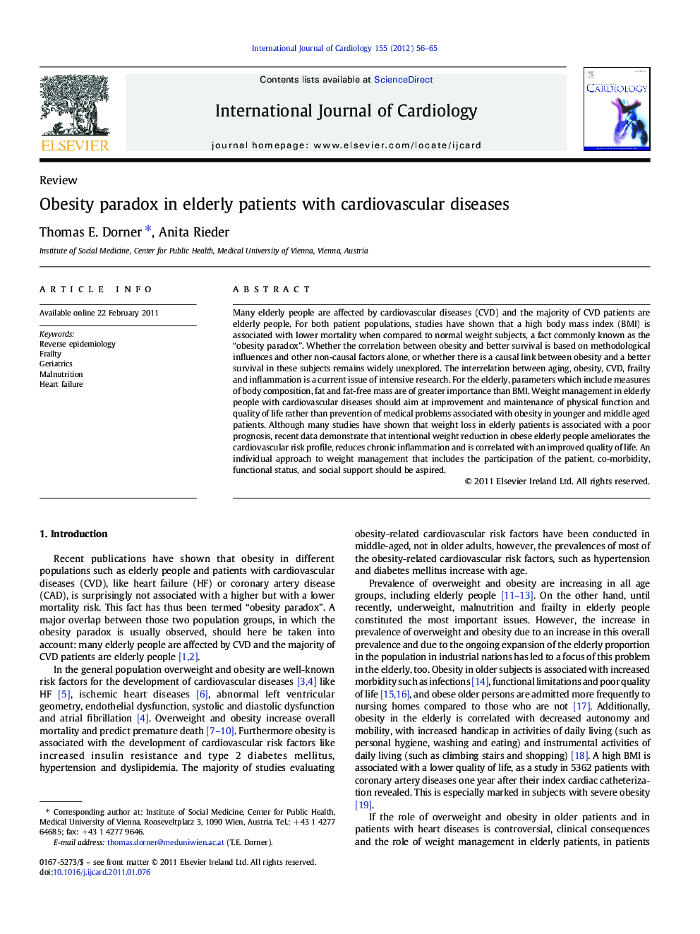 Obesity paradox in elderly patients with cardiovascular diseases