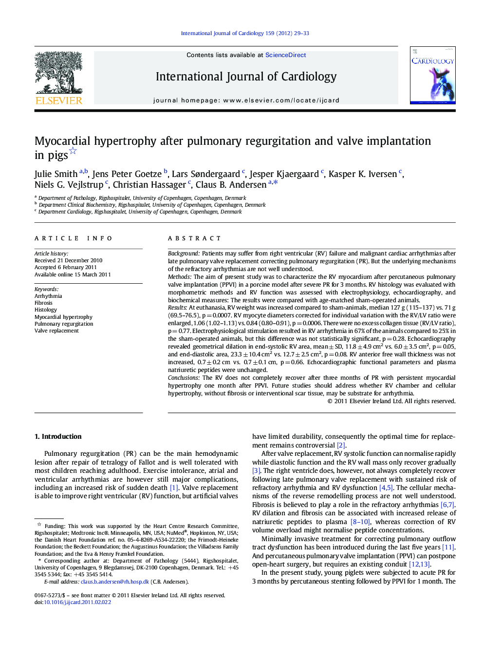 Myocardial hypertrophy after pulmonary regurgitation and valve implantation in pigs 