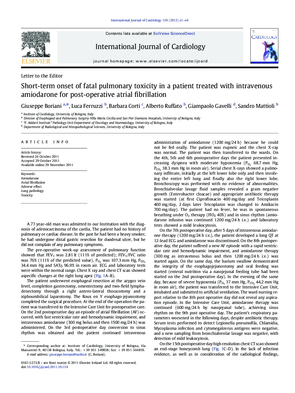 Short-term onset of fatal pulmonary toxicity in a patient treated with intravenous amiodarone for post-operative atrial fibrillation