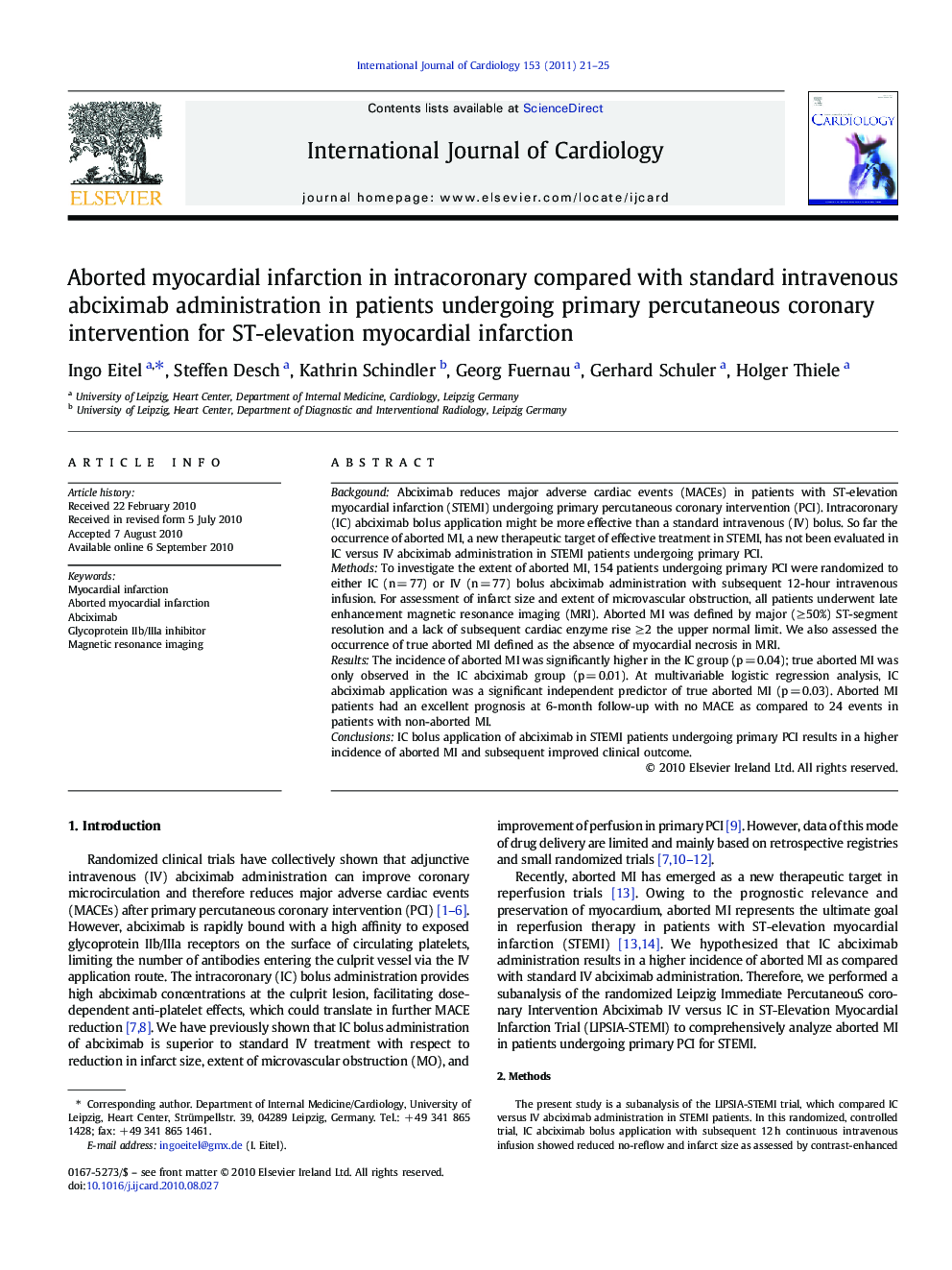 Aborted myocardial infarction in intracoronary compared with standard intravenous abciximab administration in patients undergoing primary percutaneous coronary intervention for ST-elevation myocardial infarction