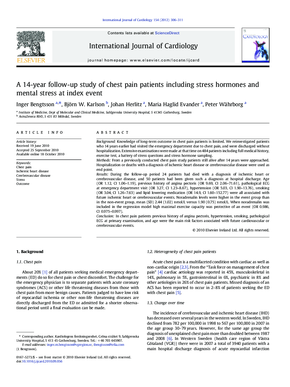 A 14-year follow-up study of chest pain patients including stress hormones and mental stress at index event