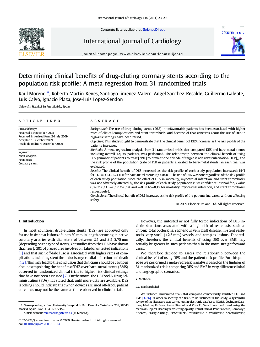 Determining clinical benefits of drug-eluting coronary stents according to the population risk profile: A meta-regression from 31 randomized trials