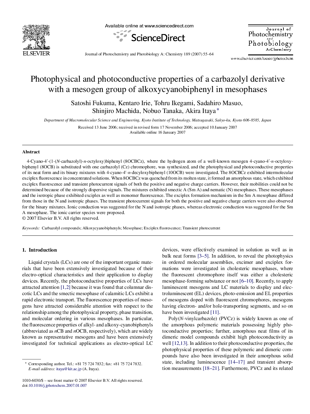 Photophysical and photoconductive properties of a carbazolyl derivative with a mesogen group of alkoxycyanobiphenyl in mesophases