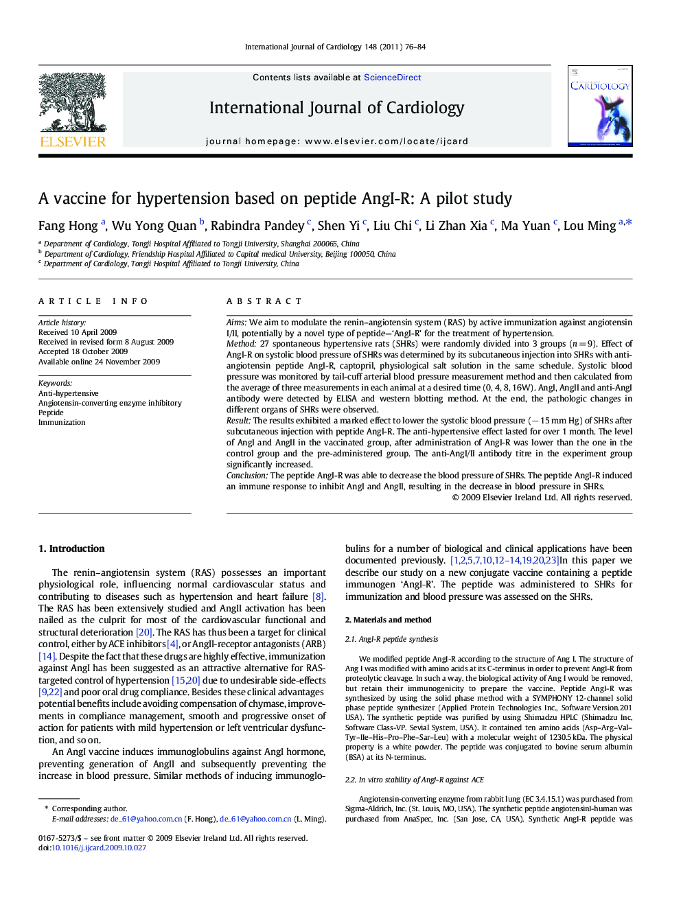 A vaccine for hypertension based on peptide AngI-R: A pilot study