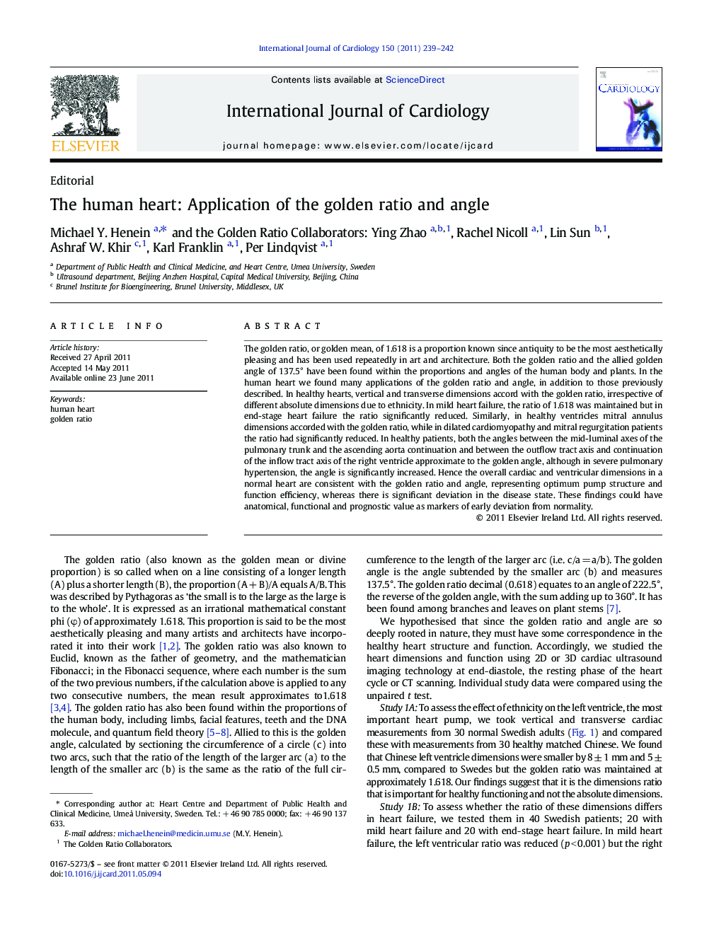 The human heart: Application of the golden ratio and angle